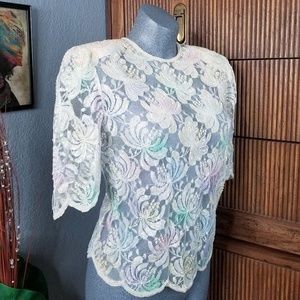 Vintage Scala Beaded Blouse Ivory Size PS